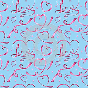 Seamless pattern Watercolor ribbon heart, love letter Greeting card concept. Wedding or Valentine`s Day banner, poster