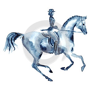 Watercolor rider and dressage galloping horse on white.