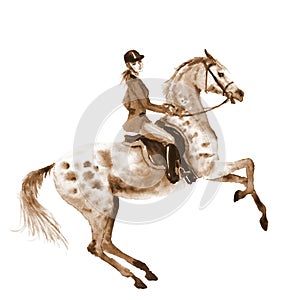 Watercolor rider and horse on white. Sepia horseman girl on rearing up stallion.