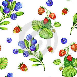 Watercolor ripe strawberries, blueberry seamless pattern. Organic sweet, juicy food tile. Hand drawn summer fruit