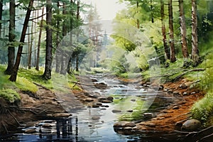 a watercolor of a river in a forest