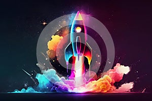 Watercolor rocket taking off colorful background. Generative ai