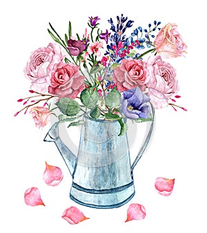 Watercolor romantic bouquet wit roses brunches and petals