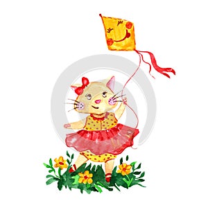 Watercolor romantic cat in red dress with funny kite .