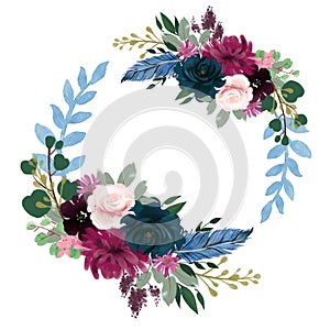 Watercolor Romantic Night floral composition Pink purple red and blue Floral Bouquet Flowers and Feathers card wreath frame border