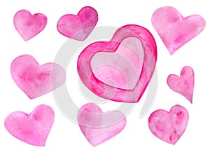 Watercolor romantic set for Saint Valentine`s Day. Hand drawn pink hearts. Elements isolated on white background for greeting