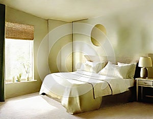 Watercolor of A roomy bedroom decorated in tones of beige and