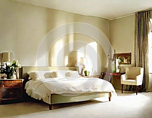 Watercolor of A roomy bedroom decorated in tones of beige and