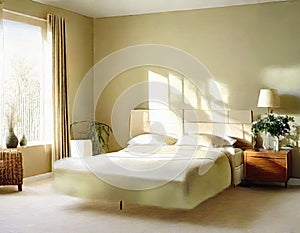 Watercolor of A roomy bedroom decorated in tones of beige and