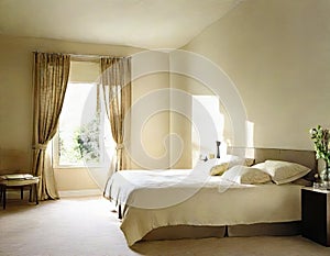 Watercolor of A roomy bedroom decorated in tones of beige and