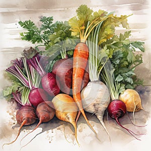 watercolor root vegetables