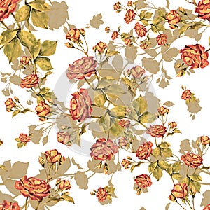 Watercolor rose with a beige shade. Hand painted flowers seamless pattern on a white background.