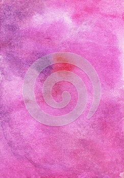 Watercolor rose color background texture, hand painted. Bright pink watercolour backdrop with purple and red spots. Stains on