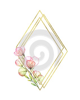 Watercolor Rose frame with golden glitter rhomb and place for text. Botanic hand painted illustration. Vertical