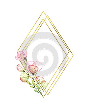 Watercolor Rose frame with golden glitter rhomb and place for text. Botanic hand painted illustration. Vertical photo