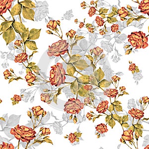 Watercolor rose with a shade. Hand painted flowers seamless pattern on a white background.