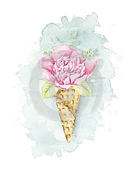 Watercolor rose in waffle cone on blue stain backdrop
