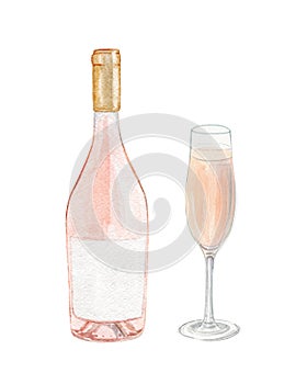 Watercolor rose wine bottle and glass set isolated on white background
