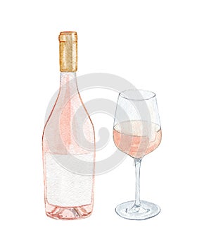 Watercolor rose wine bottle and glass set isolated on white background