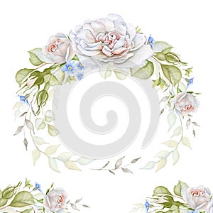 Watercolor rose wreath and border isolated on white background