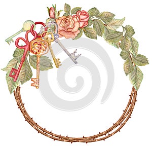 Watercolor rose wreath with keys, housewarming photo