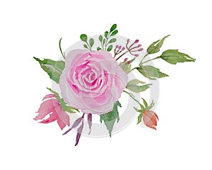 Watercolor Roses Bouquet, Flowers Arrangement with Roses and Green Leaves Illustration