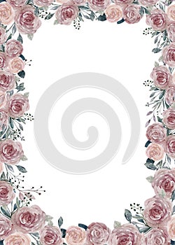 Watercolor Roses bouquet frame on white background,Vector illustration hand paint flowers border with copy space for text,Spring