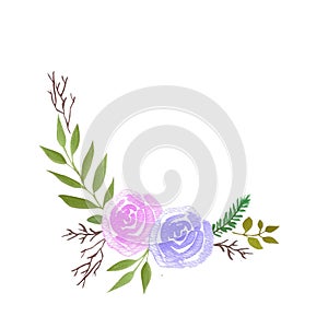 Watercolor roses bouquet with pink roses and ferns corner banner