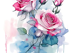 Watercolor roses flowers background isolated on white, abstract flowers made from watercolor paint splashes