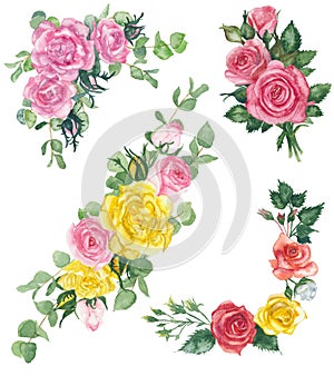 Watercolor roses flowers floral border frame paint illustration with clipping parts isolated on white background