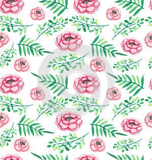 Watercolor Roses And Green Leaves Seamless Pattern