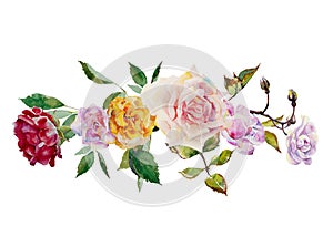 Watercolor roses horizontal blossom garland from pink, red, purple and yellow flowers