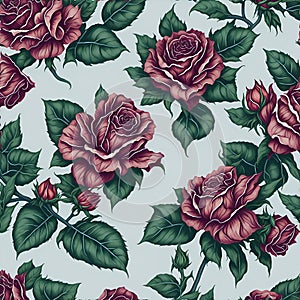 Watercolor roses and leaves pattern, Arcane patterns of small roses and leaves. AI-Generative