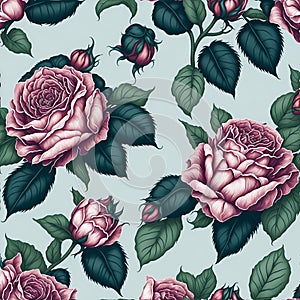 Watercolor roses and leaves pattern, Arcane patterns of small roses and leaves. AI-Generative