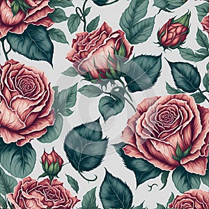 Watercolor roses and leaves pattern, Arcane patterns of small roses and leaves. AI-Generative