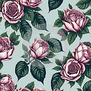 Watercolor roses and leaves pattern, Arcane patterns of small roses and leaves. AI-Generative