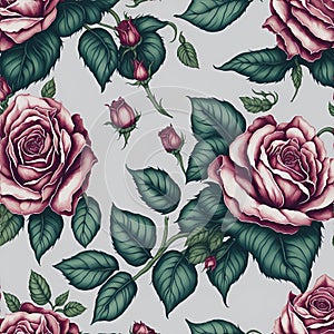 Watercolor roses and leaves pattern, Arcane patterns of small roses and leaves. AI-Generative