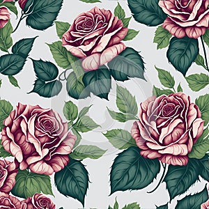 Watercolor roses and leaves pattern, Arcane patterns of small roses and leaves. AI-Generative