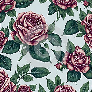 Watercolor roses and leaves pattern, Arcane patterns of small roses and leaves. AI-Generative