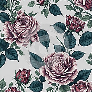 Watercolor roses and leaves pattern, Arcane patterns of small roses and leaves. AI-Generative