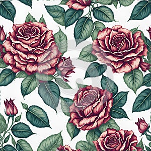 Watercolor roses and leaves pattern, Arcane patterns of small roses and leaves. AI-Generative