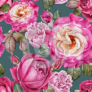 Watercolor roses and peonies. Seamless pattern
