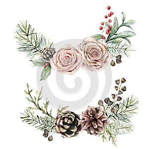 Watercolor roses, pine cone and branch set. Hand painted floral composition. Vintage flowers, seeds and red berries