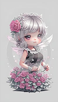 Watercolor roses pixie cute baby girl fantasy fairy white background, AI Generative