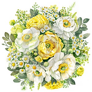 a watercolor round bouquet made of yellow peonies , white anemones, chamomille flowers, and green japanese hidrangea