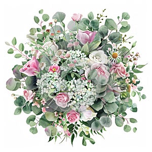 watercolor round bouquet with violettes , pink roses, eucaliptus leaves and chamomille flowers, hidrangea, Wedding floral design,
