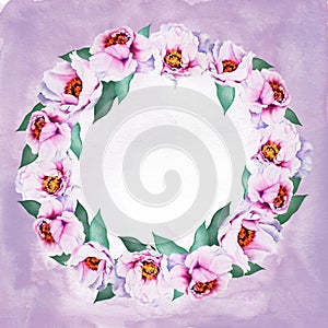 watercolor round composition with pink peones, spring flowers, hand drawn sketch of flowers wreath on watercolor