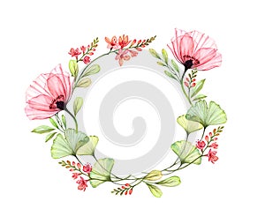 Watercolor round floral wreath. Circle arrangement of pink flowers, poppy, leaves. Card template with place for text