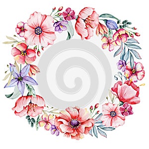 Watercolor round floral wreath, wildflowers meadow flowers frame. Hand drawn illustration isolated on white background