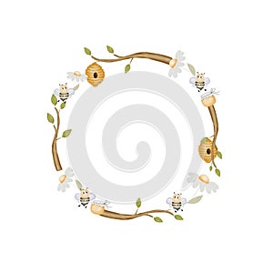 Watercolor round frame with bees, hive, branches and daisies. Natural floral wreath on a white background. For designing